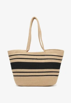 Beżowo-Czarna Pleciona Bawełniana Torebka Shopper w Paski Fenneria