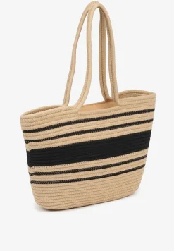 Beżowo-Czarna Pleciona Bawełniana Torebka Shopper w Paski Fenneria