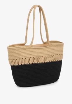 Beżowo-Czarna Pleciona Torebka Shopper z Bawełny Ozdobiona Paskami Izurella