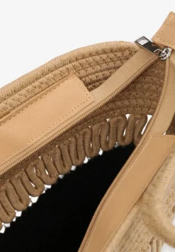 Beżowo-Czarna Pleciona Torebka Shopper z Bawełny Ozdobiona Paskami Izurella