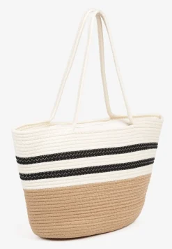 Beżowo-Czarna Torebka Shopper z Bawełny Ozdobiona Paskami Izoeira