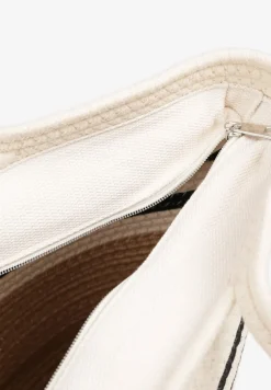 Beżowo-Czarna Torebka Shopper z Bawełny Ozdobiona Paskami Izoeira