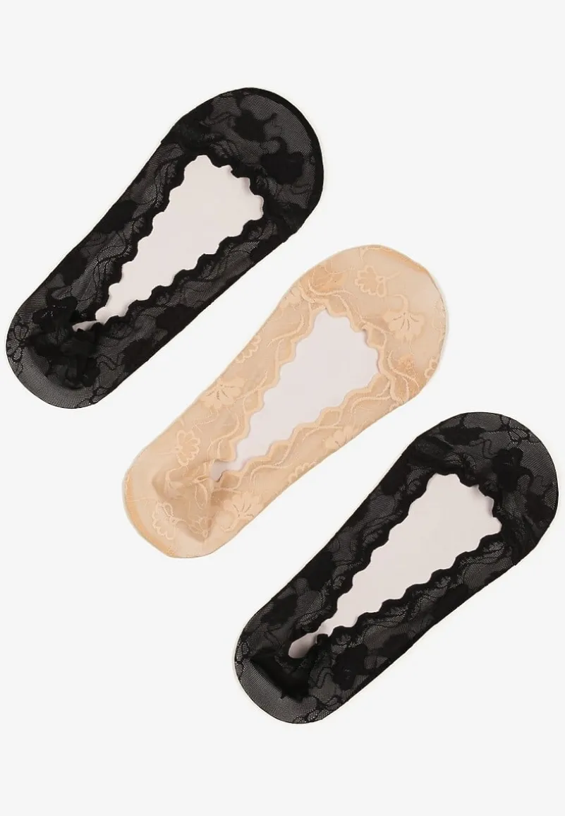 Beżowo-Czarne Koronkowe Skarpety Typu Balerinki 3-Pack Tilisea