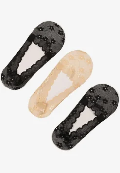 Beżowo-Czarne Skarpety z Koronki Typu Baletki 3-Pack Lilisea