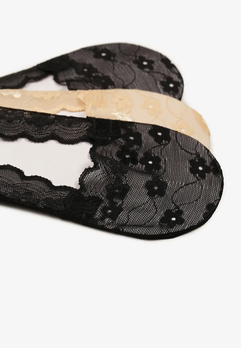 Beżowo-Czarne Skarpety z Koronki Typu Baletki 3-Pack Lilisea