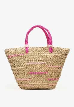 Beżowo-Fuksjowa Torebka w Stylu Boho Ozdobiona Koralikami przy Rączkach Hapias