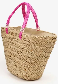 Beżowo-Fuksjowa Torebka w Stylu Boho Ozdobiona Koralikami przy Rączkach Hapias