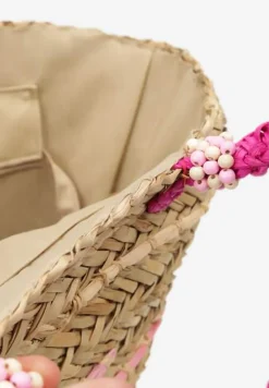 Beżowo-Fuksjowa Torebka w Stylu Boho Ozdobiona Koralikami przy Rączkach Hapias