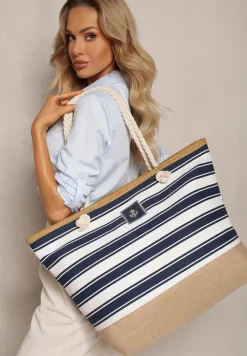 Beżowo-Granatowa Jednokomorowa Torebka Shopperka na Ramię Ozdobiona Plecionką i Sznurkami Renneli