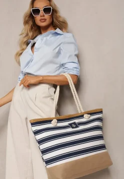 Beżowo-Granatowa Jednokomorowa Torebka Shopperka na Ramię Ozdobiona Plecionką i Sznurkami Renneli