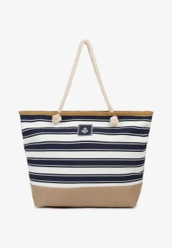 Beżowo-Granatowa Jednokomorowa Torebka Shopperka na Ramię Ozdobiona Plecionką i Sznurkami Renneli