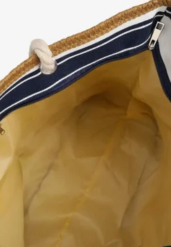 Beżowo-Granatowa Jednokomorowa Torebka Shopperka na Ramię Ozdobiona Plecionką i Sznurkami Renneli