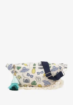 Beżowo-Granatowa Nerka z Dodatkową Kieszonką Wewnątrz Ozdobiona Frędzlami Humubia