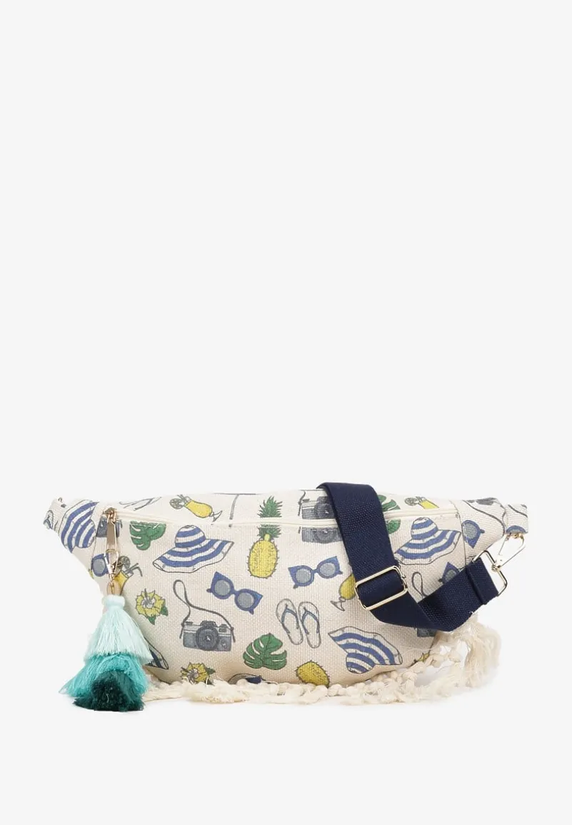 Beżowo-Granatowa Nerka z Dodatkową Kieszonką Wewnątrz Ozdobiona Frędzlami Humubia