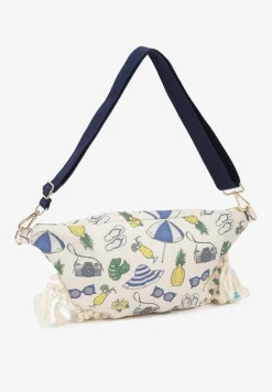 Beżowo-Granatowa Nerka z Dodatkową Kieszonką Wewnątrz Ozdobiona Frędzlami Humubia