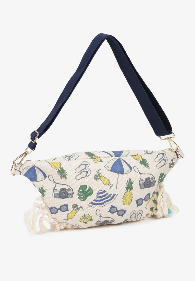 Beżowo-Granatowa Nerka z Dodatkową Kieszonką Wewnątrz Ozdobiona Frędzlami Humubia