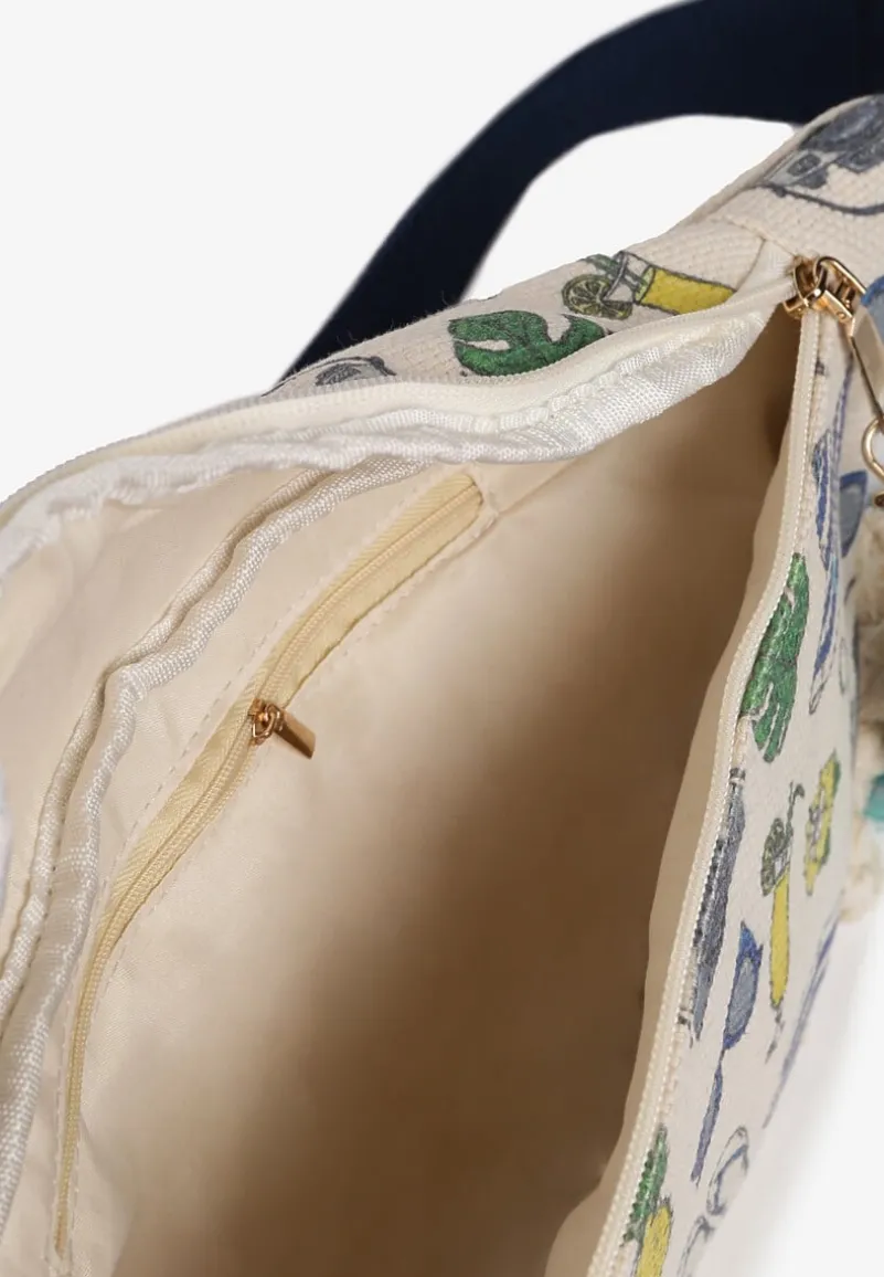 Beżowo-Granatowa Nerka z Dodatkową Kieszonką Wewnątrz Ozdobiona Frędzlami Humubia