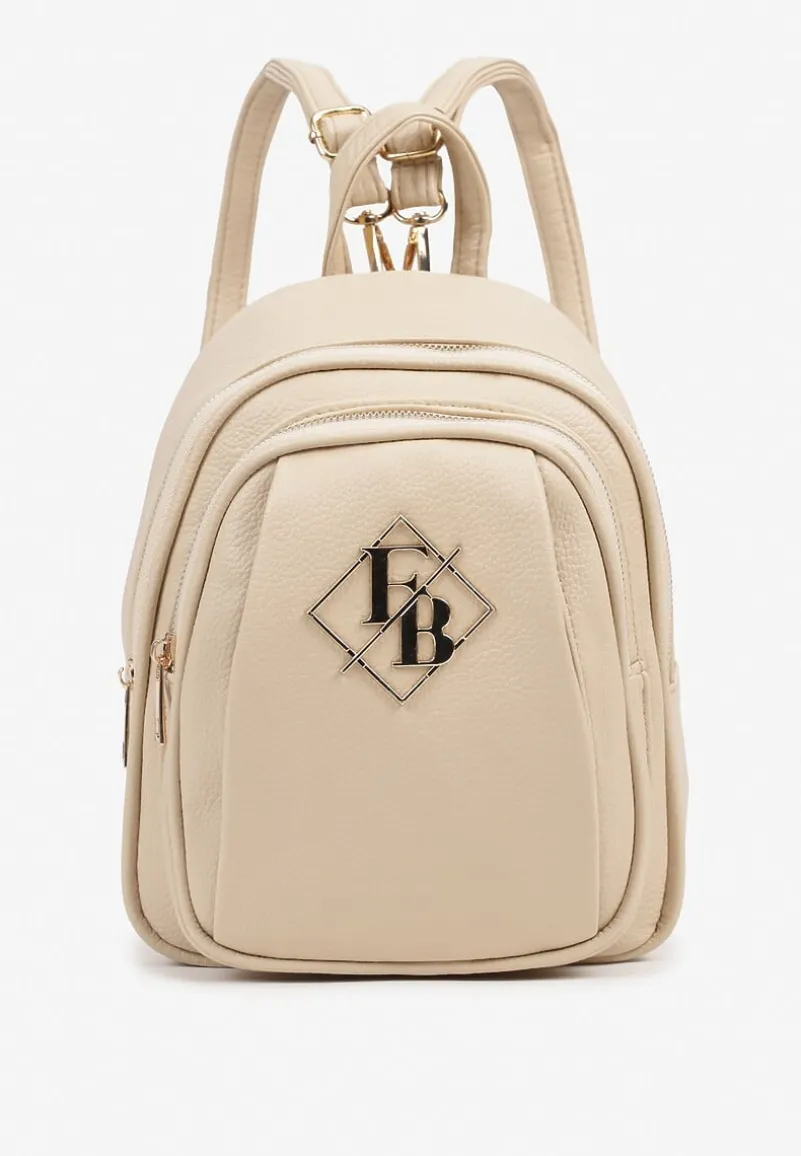 Beżowo-Kremowy Trapezowy Plecak Zdobiony Elegancką Aplikacją Nanilia
