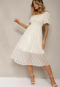 Beżowo-Niebieska Sukienka z Marszczonym Dekoltem o Rozkloszowanym Kroju z Bufiastymi Rękawami Vikirrena