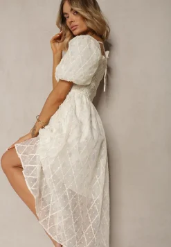 Beżowo-Niebieska Sukienka z Marszczonym Dekoltem o Rozkloszowanym Kroju z Bufiastymi Rękawami Vikirrena