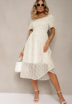 Beżowo-Niebieska Sukienka z Marszczonym Dekoltem o Rozkloszowanym Kroju z Bufiastymi Rękawami Vikirrena