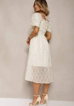 Beżowo-Niebieska Sukienka z Marszczonym Dekoltem o Rozkloszowanym Kroju z Bufiastymi Rękawami Vikirrena