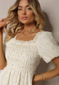 Beżowo-Niebieska Sukienka z Marszczonym Dekoltem o Rozkloszowanym Kroju z Bufiastymi Rękawami Vikirrena