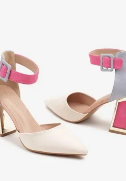 Beżowo-Różowe Czółenka na Stożku Ozdobione Paskiem Wokół Kostki i Metaliczną Aplikacją Tiliri