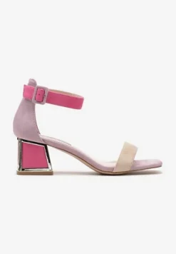 Beżowo-Różowe Sandały z Metaliczną Wstawką na Słupku z Imitacji Zamszu Adlephia