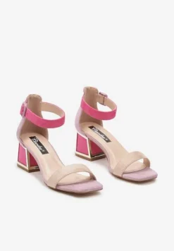 Beżowo-Różowe Sandały z Metaliczną Wstawką na Słupku z Imitacji Zamszu Adlephia