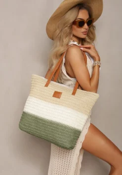 Beżowo-Zielona Jednokomorowa Torebka Tote Ozdobiona Plecionką Elwing