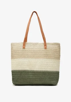 Beżowo-Zielona Jednokomorowa Torebka Tote Ozdobiona Plecionką Elwing