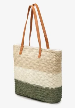 Beżowo-Zielona Jednokomorowa Torebka Tote Ozdobiona Plecionką Elwing