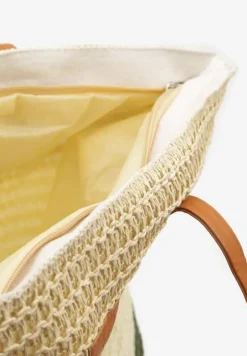 Beżowo-Zielona Jednokomorowa Torebka Tote Ozdobiona Plecionką Elwing