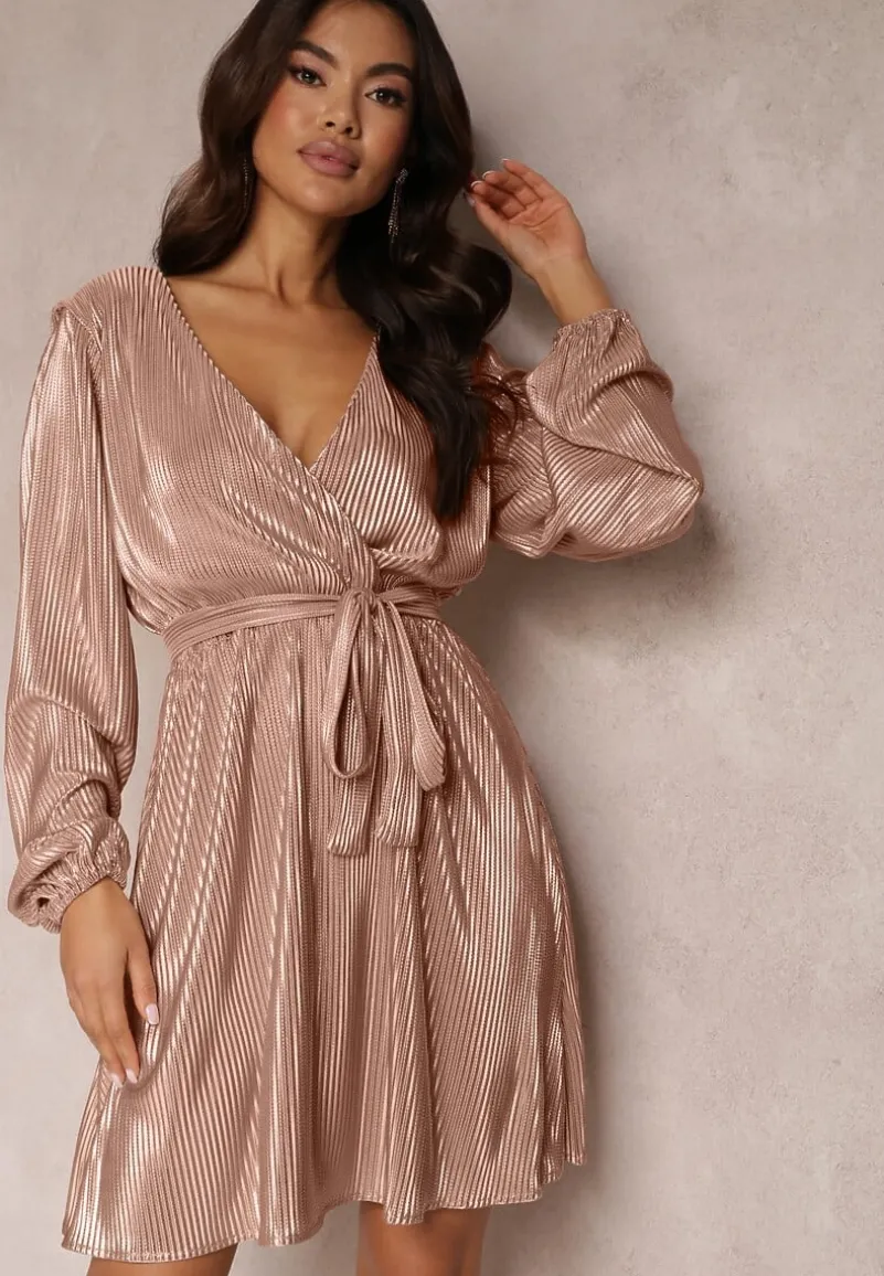 Beżowo-Złota Błyszcząca Sukienka Kopertowa Jarnei