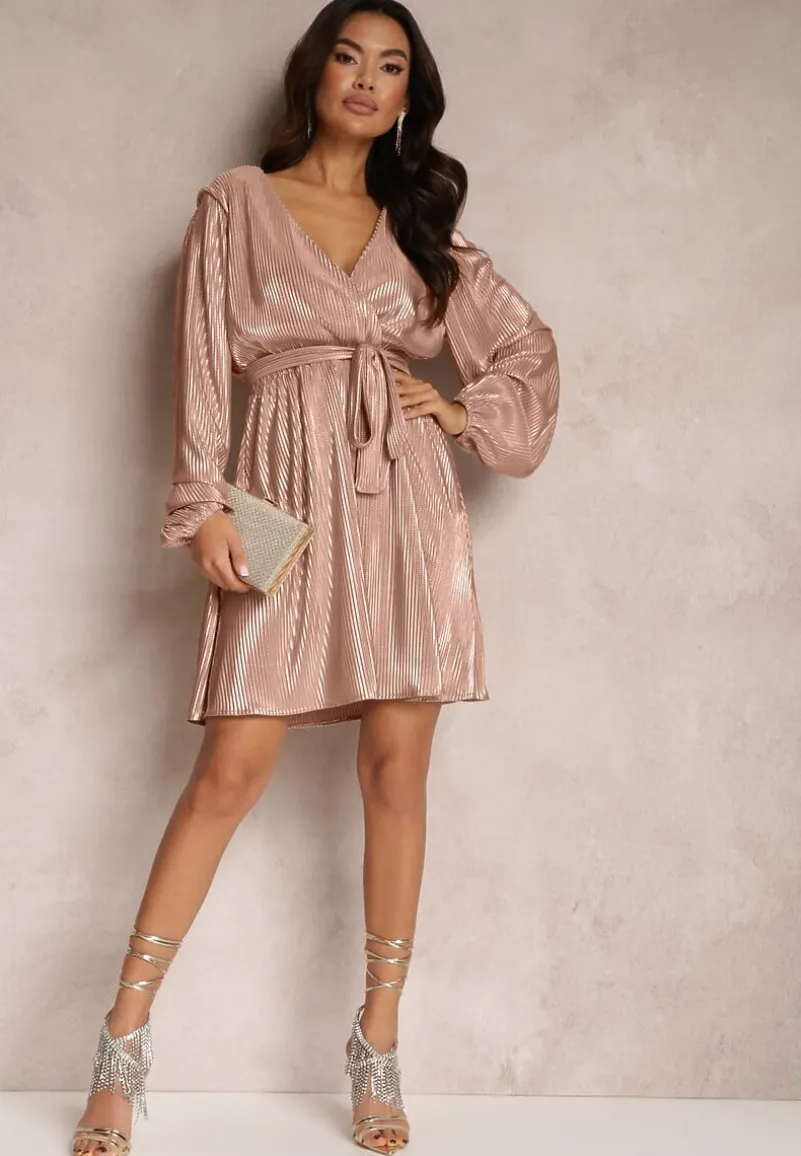 Beżowo-Złota Błyszcząca Sukienka Kopertowa Jarnei