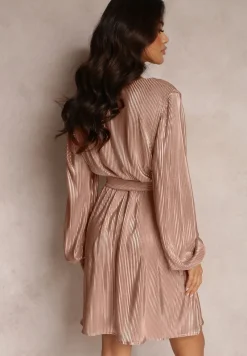 Beżowo-Złota Błyszcząca Sukienka Kopertowa Jarnei