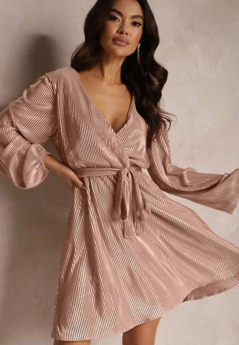 Beżowo-Złota Błyszcząca Sukienka Kopertowa Jarnei