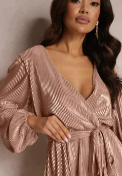 Beżowo-Złota Błyszcząca Sukienka Kopertowa Jarnei