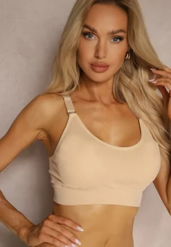 Beżowy Biustonosz w Typie Sportowego Topu z Koronką Nevenelle