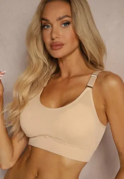 Beżowy Biustonosz w Typie Sportowego Topu z Koronką Nevenelle