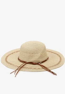 Beżowy Duży Kapelusz z Plecionki Naturalnej Udekorowany Wokół Rzemykami Aothiri