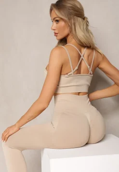 Beżowy Elastyczny Komplet Fitness Usztywniany Biustonosz i Legginsy z Gumką Orbinra