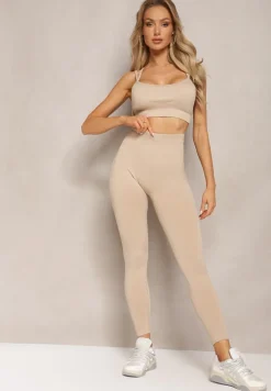 Beżowy Elastyczny Komplet Fitness Usztywniany Biustonosz i Legginsy z Gumką Orbinra