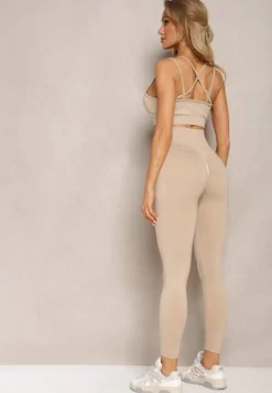 Beżowy Elastyczny Komplet Fitness Usztywniany Biustonosz i Legginsy z Gumką Orbinra