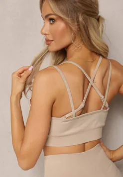 Beżowy Elastyczny Komplet Fitness Usztywniany Biustonosz i Legginsy z Gumką Orbinra