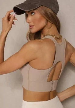 Beżowy Gładki Biustonosz Sportowy z Usztywnieniem Tosilia