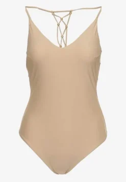 Beżowy Jednoczęściowy Strój Kąpielowy z Ozdobnym Wiązaniem na Plecach Bosiara