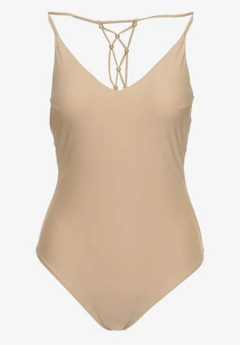 Beżowy Jednoczęściowy Strój Kąpielowy z Ozdobnym Wiązaniem na Plecach Bosiara