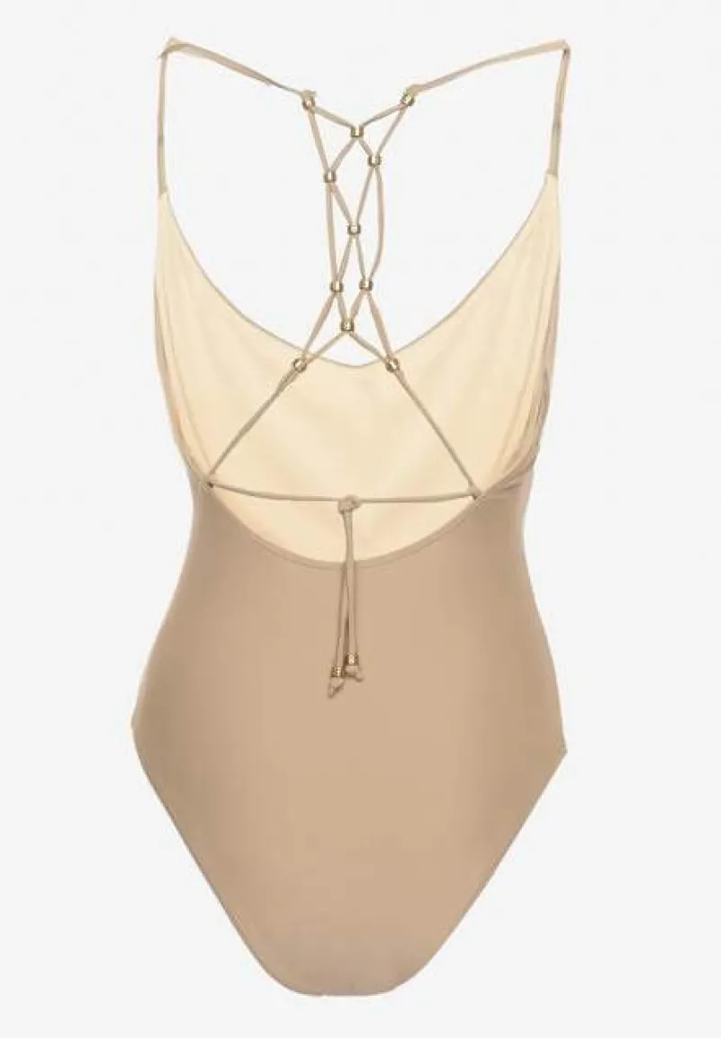 Beżowy Jednoczęściowy Strój Kąpielowy z Ozdobnym Wiązaniem na Plecach Bosiara